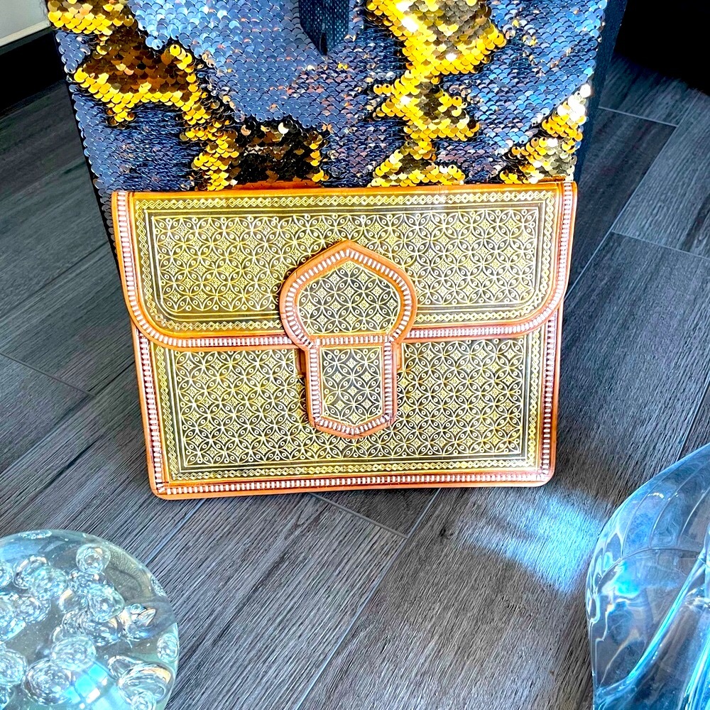 Cultural Golden and Brown floral  leather handbag
